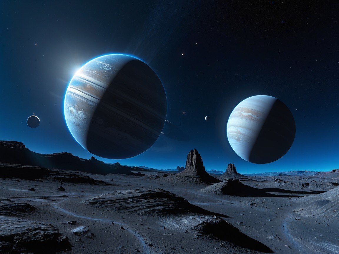 Gas Giants with Blue Rings and Stripped Surface Over Rocky Terrain