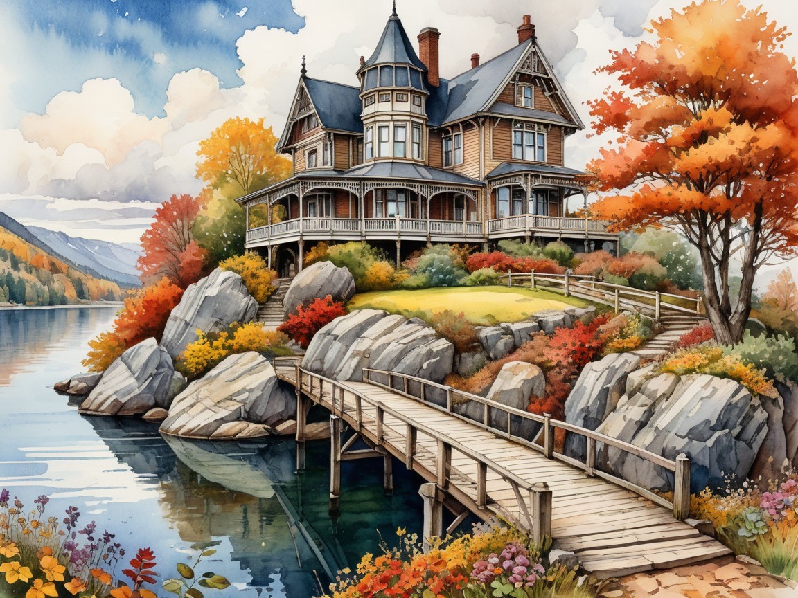 Victorian House by Lake Amidst Autumn Foliage