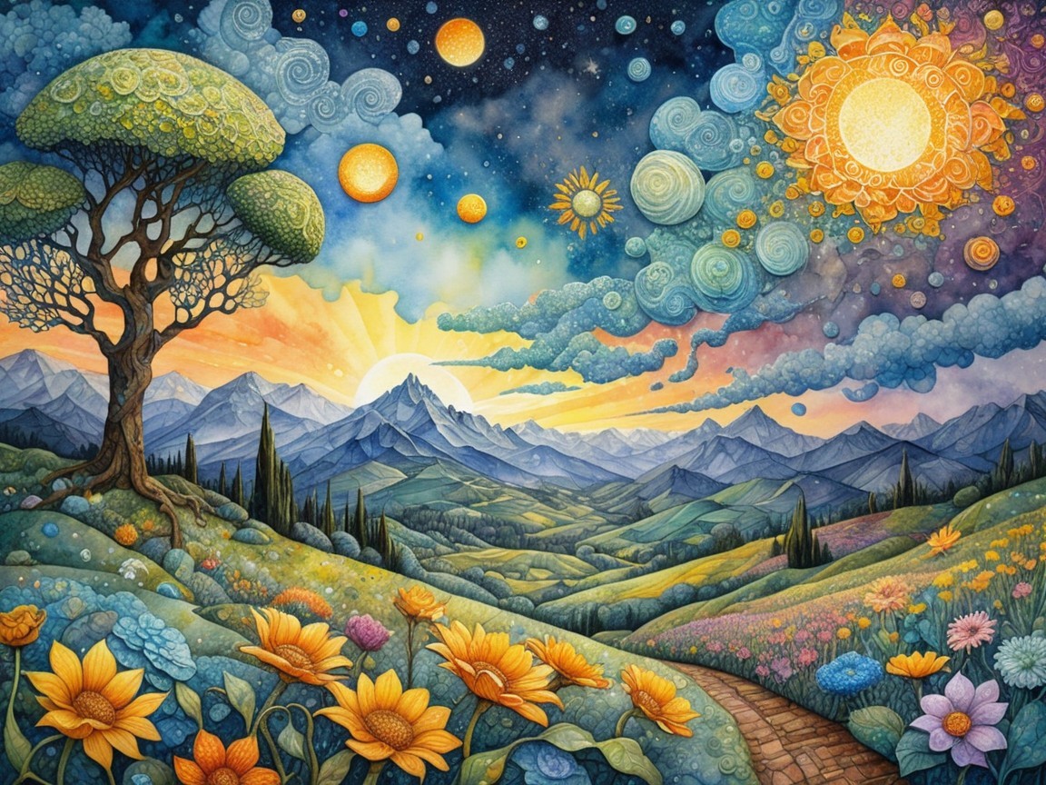 Vibrant Landscape with Hills, Mountains, and Flowers