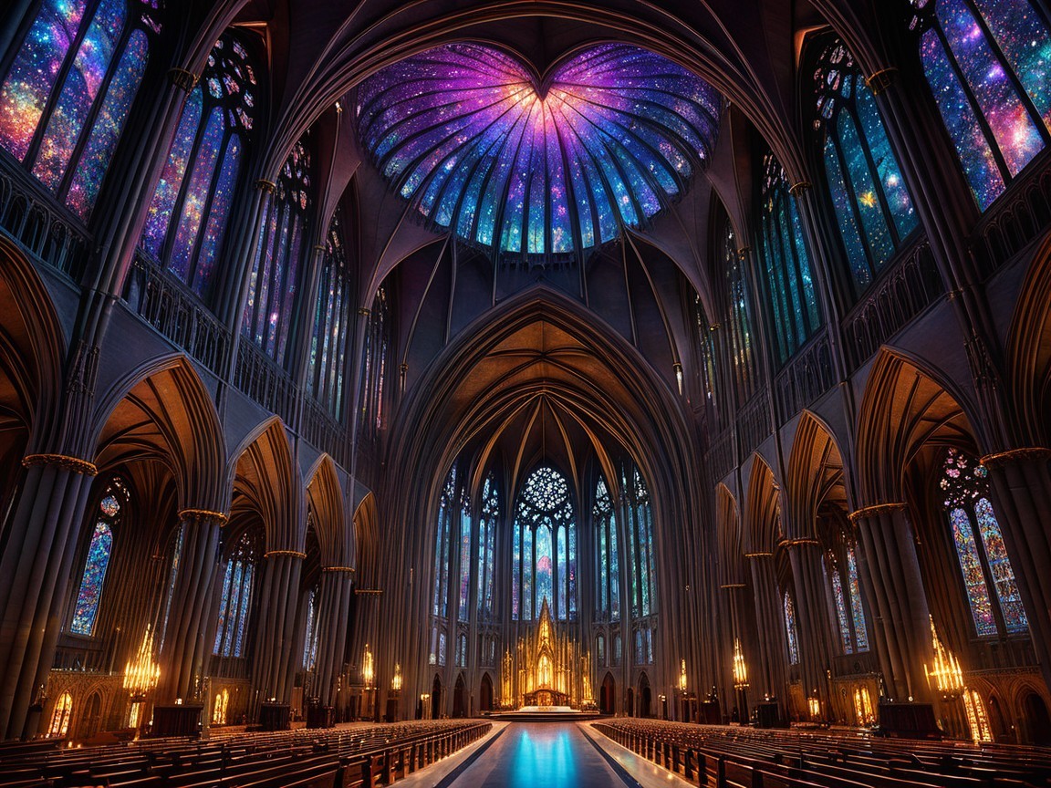 Grand Cathedral Interior with Cosmic Dome and Arches
