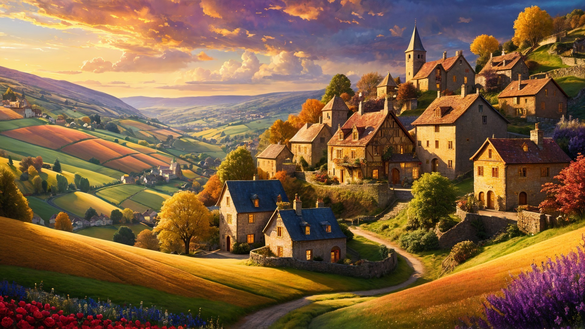 Picturesque Village with Autumn Foliage and Sunset