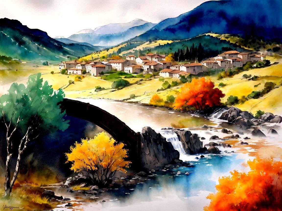 Serene Village Landscape with Rolling Hills and Bridge
