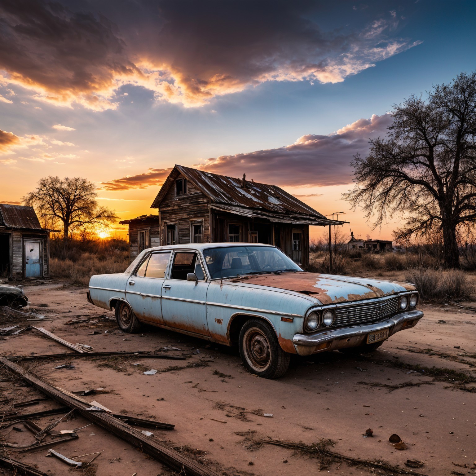 Abandoned blue car in a desolate landscape at sunset
