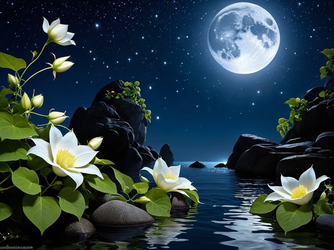 Dark Night Scene with Moon and Flowers on Water