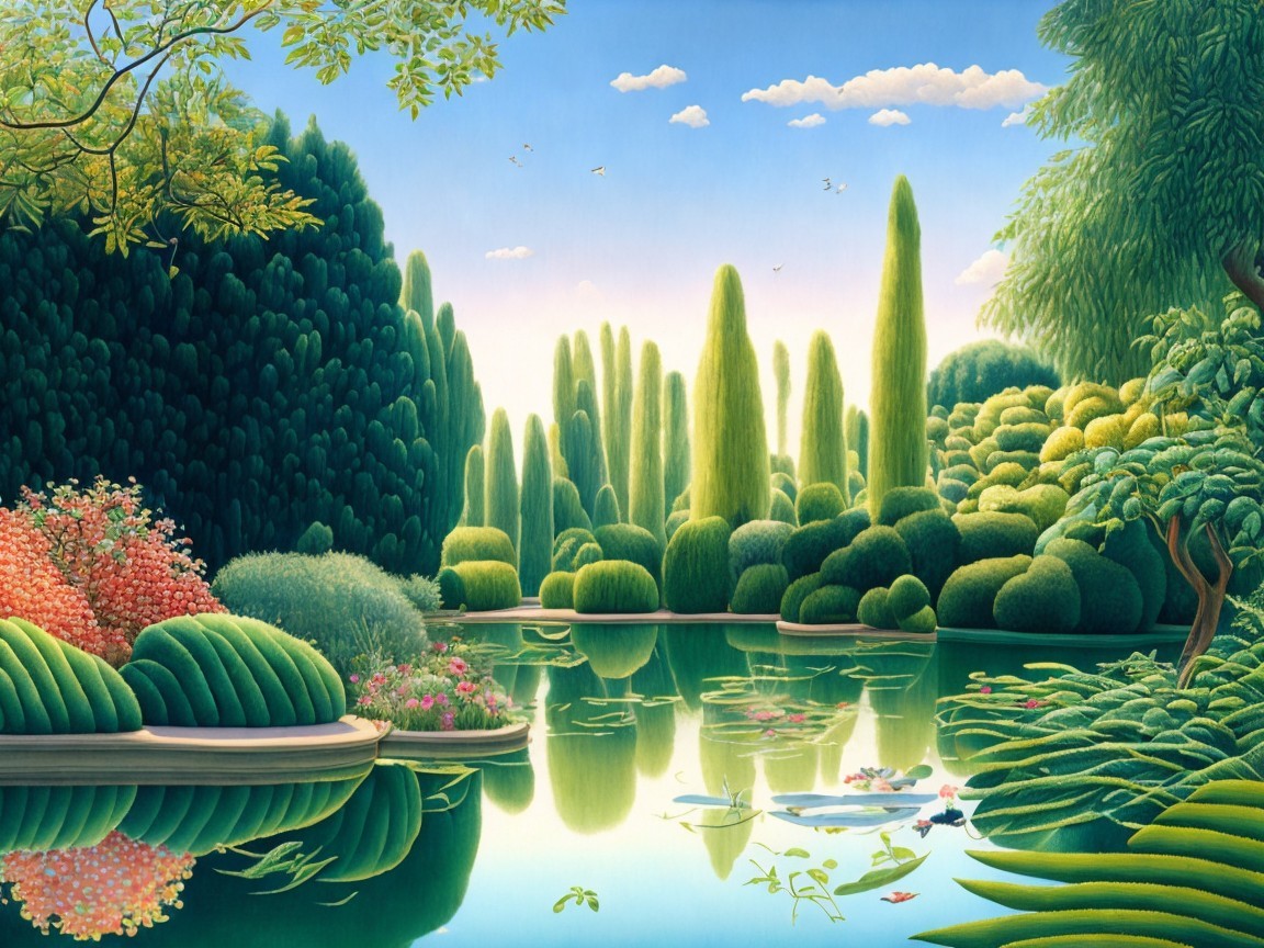 Serene Garden Landscape with Lush Greenery and Pond