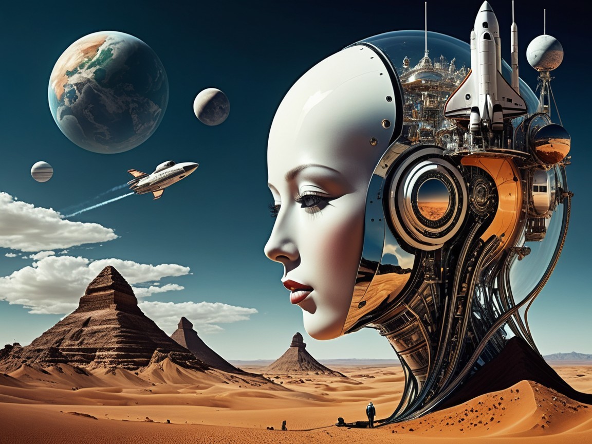 Futuristic Landscape with Robotic Head and Cityscape
