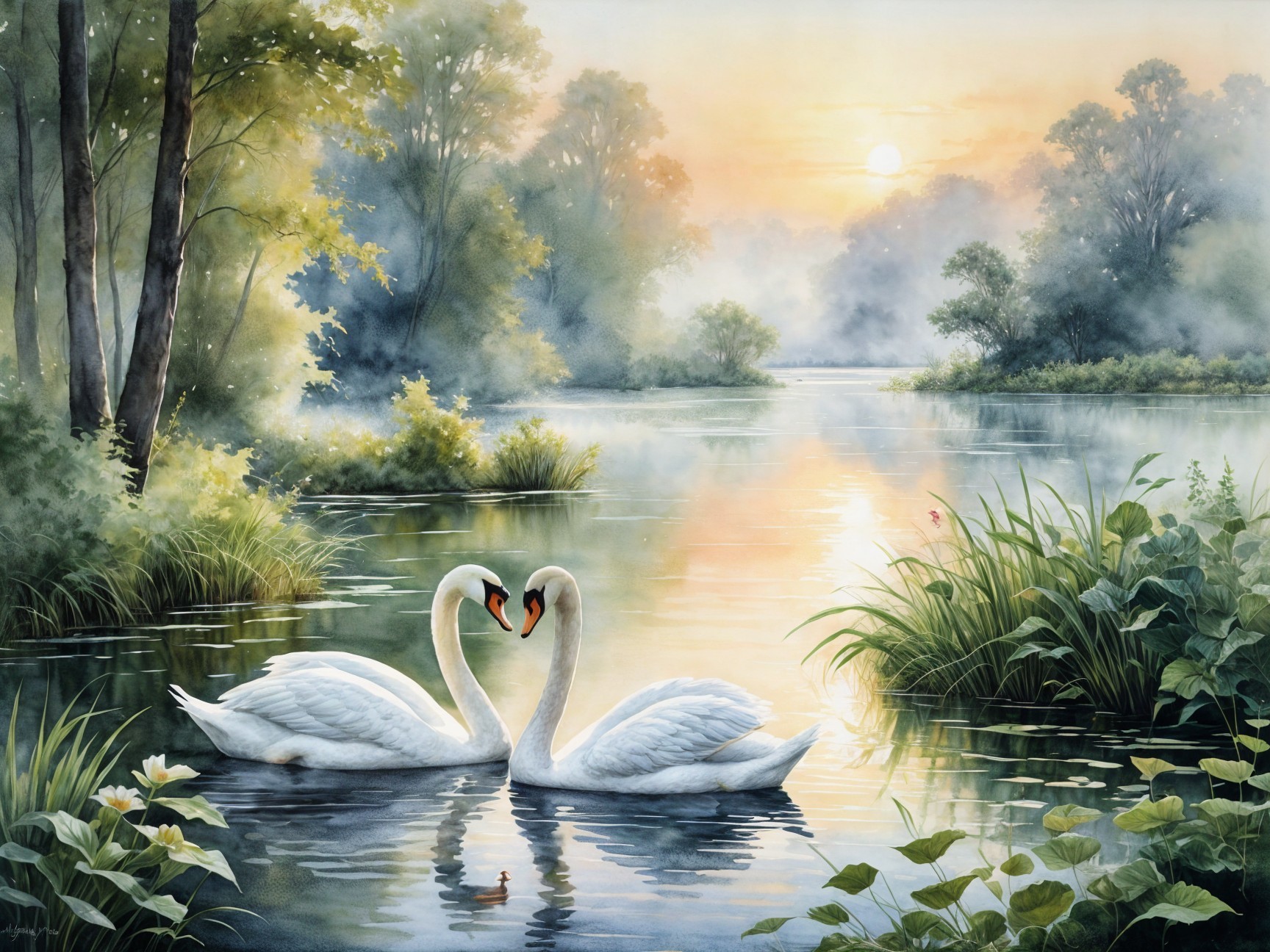Serene Landscape with Swans and Sunrise Reflection