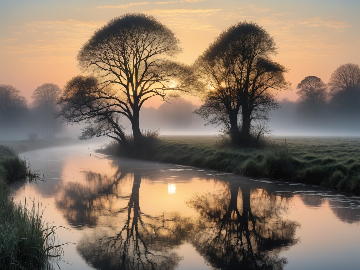 Serene Dawn Landscape with Silhouetted Trees and River