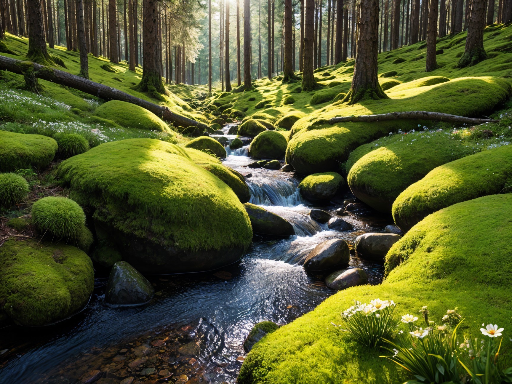 Serene forest scene with sunlight and lush moss