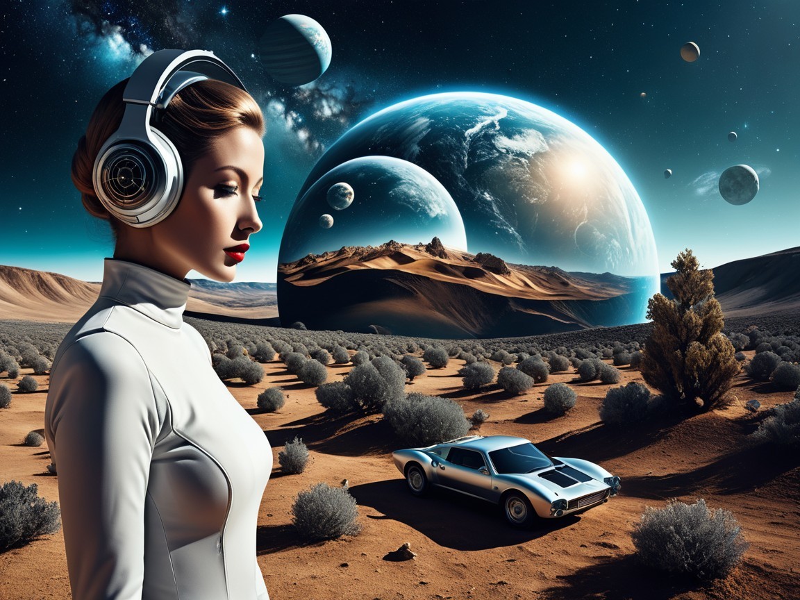 Futuristic Scene with Woman, Desert, and Cosmic Sky