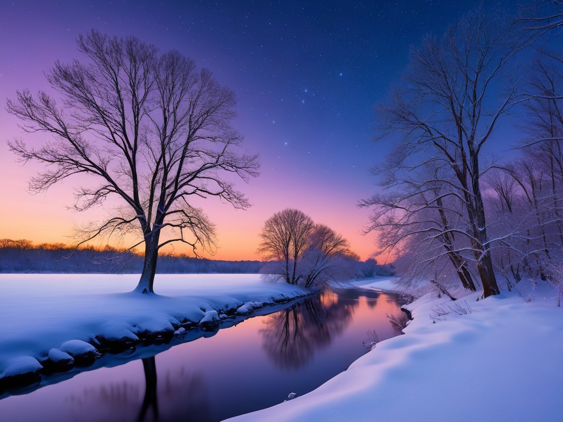 Serene Winter Landscape with Colorful Dusk Reflections