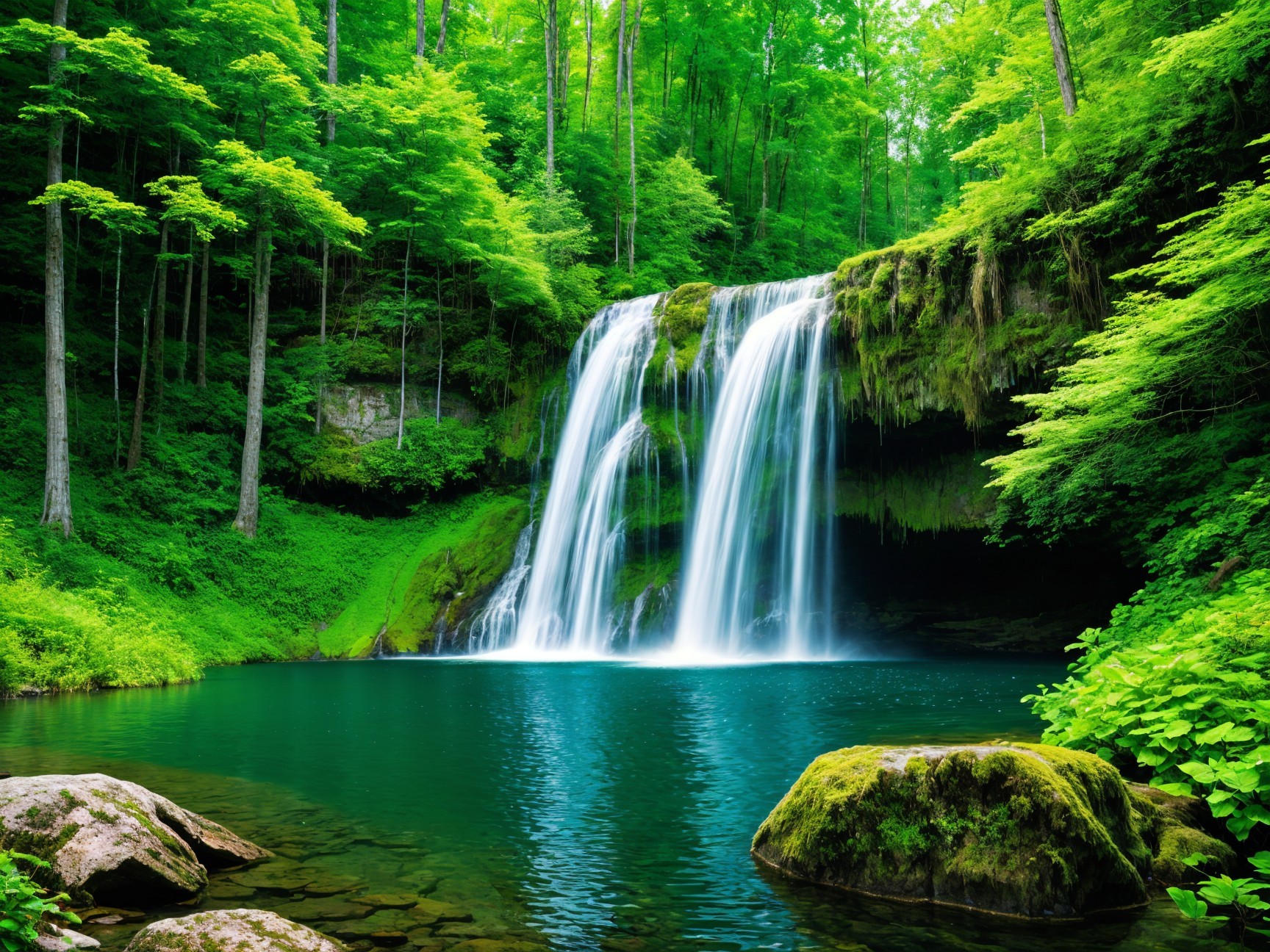 Serene Waterfall and Tranquil Pool in Lush Greenery