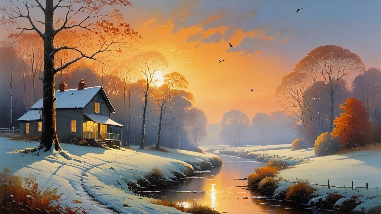 Serene Winter Landscape with Cozy House at Sunset