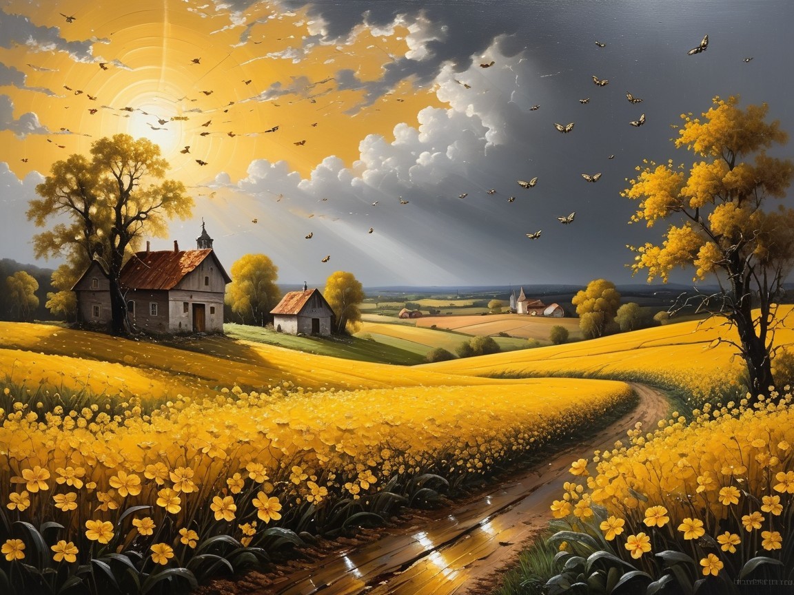 Vibrant Landscape of Yellow Flowers and Cottages