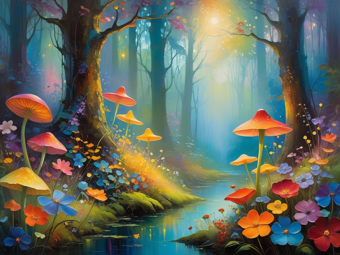 Enchanted Forest Scene with Colorful Mushrooms and Flowers