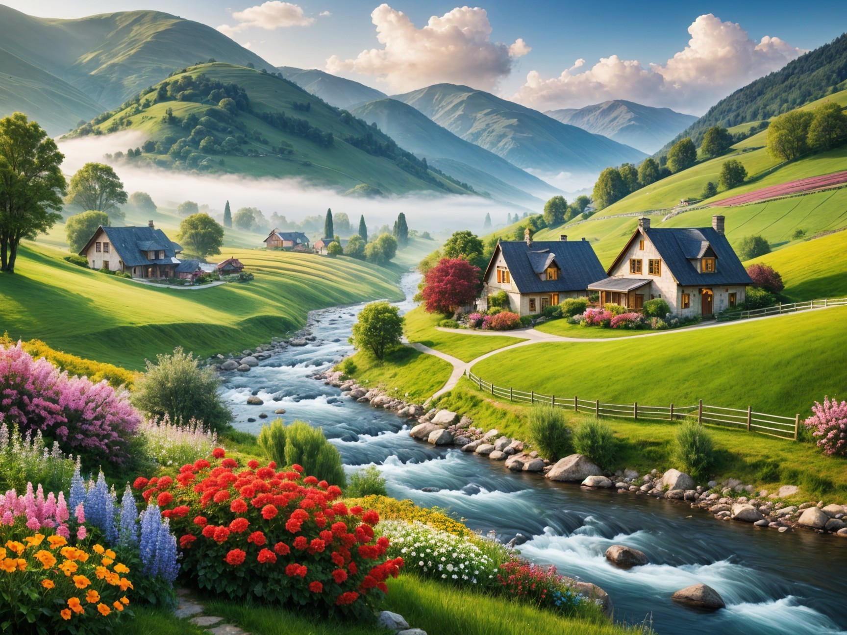 Lush Countryside with Hills, River, and Cottages