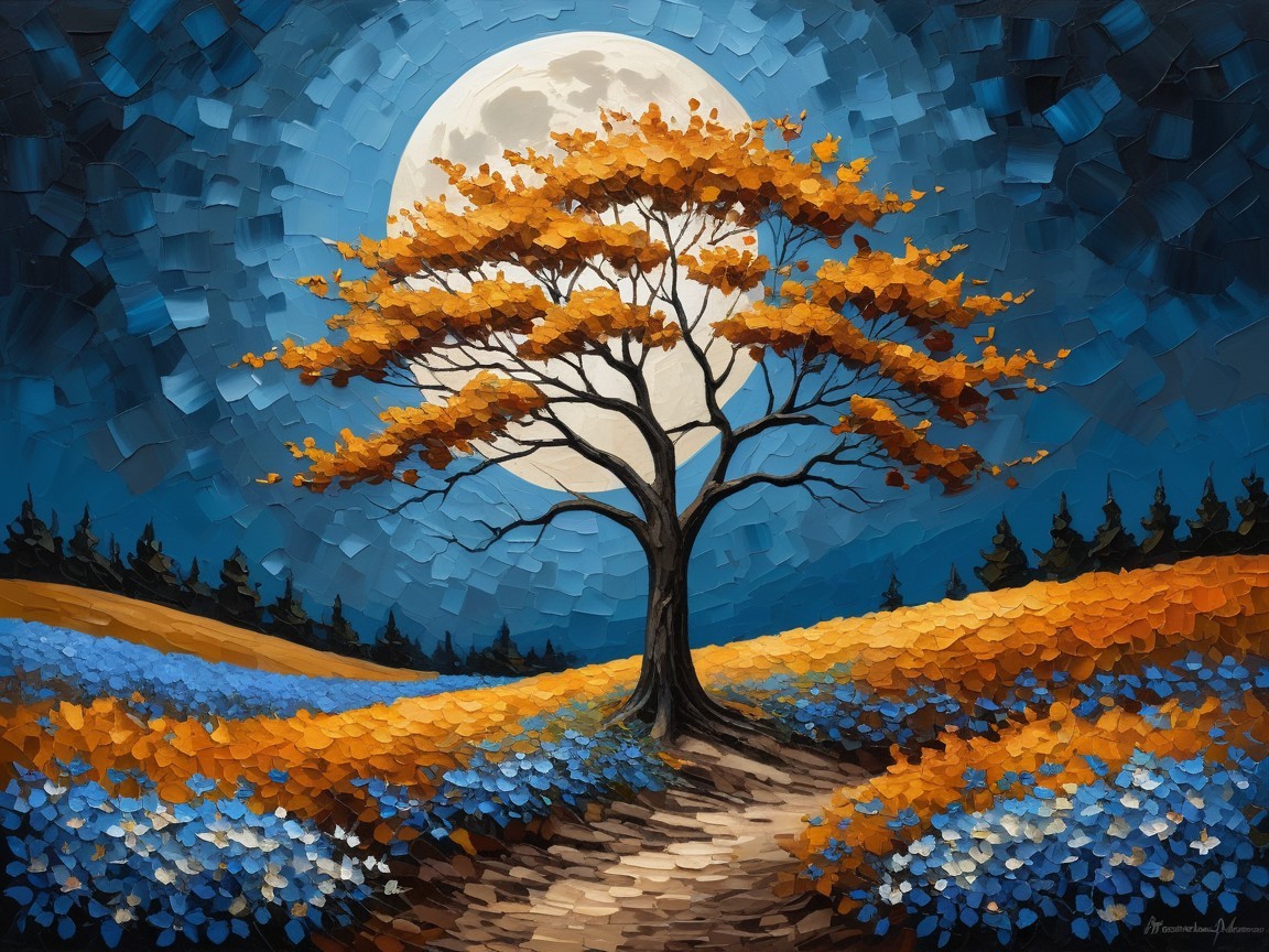 Solitary Tree with Orange Leaves Under Full Moon