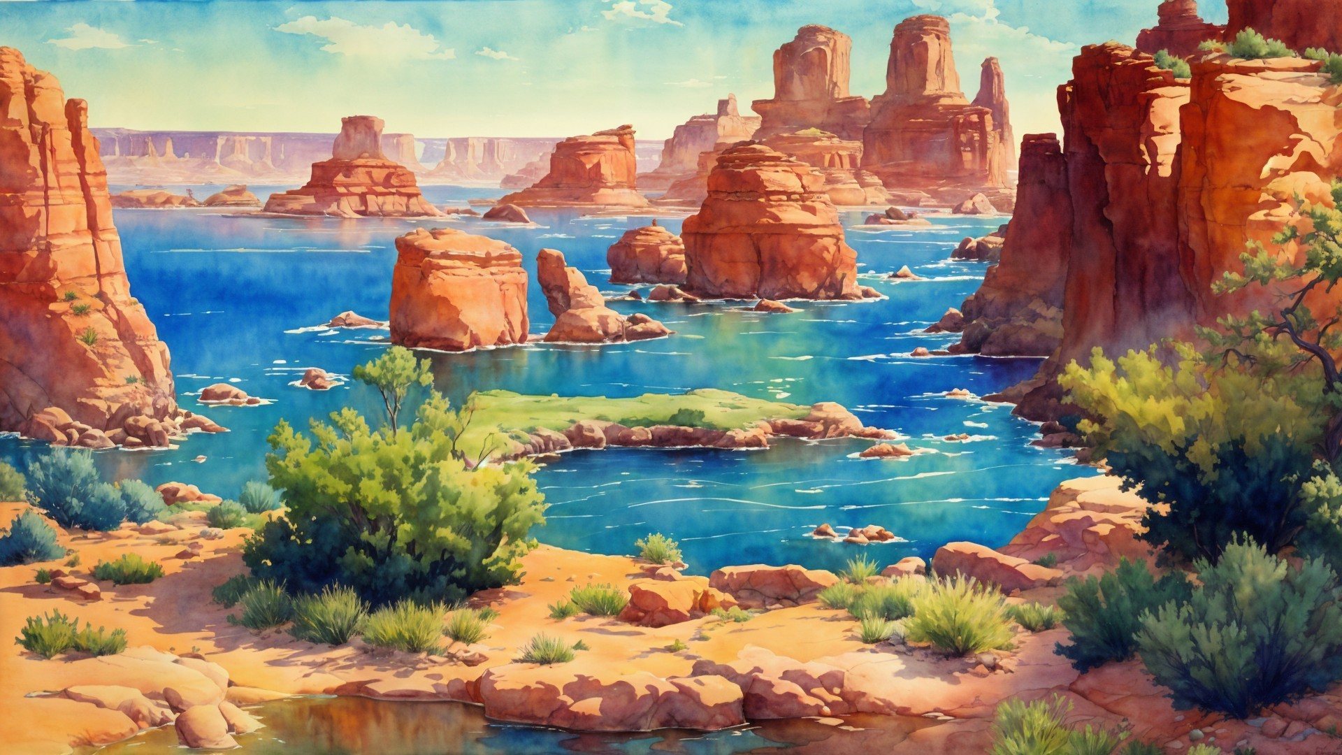 Dramatic Red Rock Formations by Serene Blue Lake