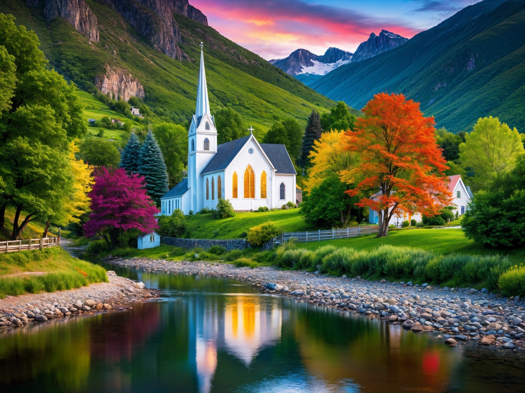Charming White Church in a Vibrant Autumn Valley