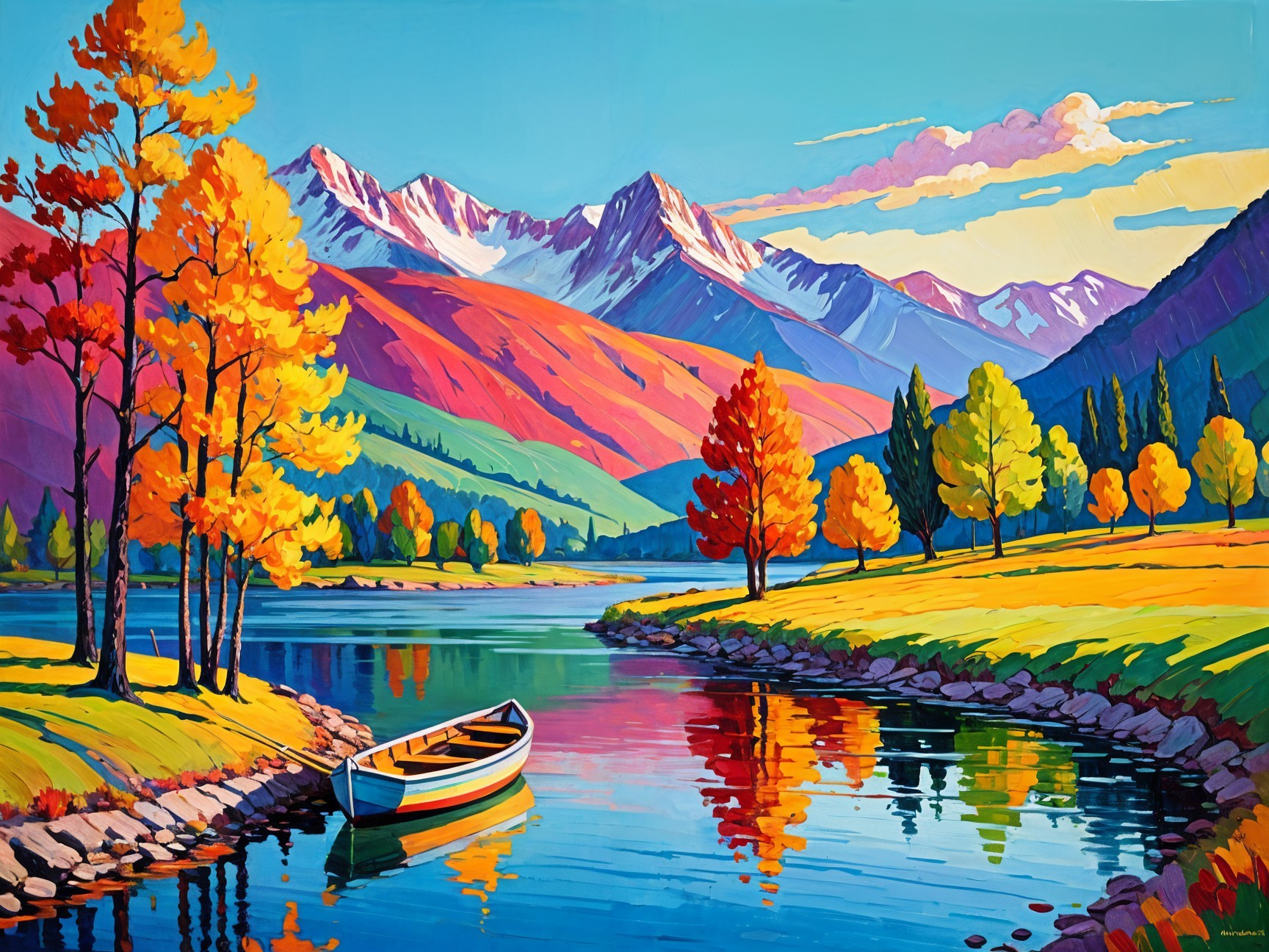 Autumn Landscape with Lake and Colorful Trees