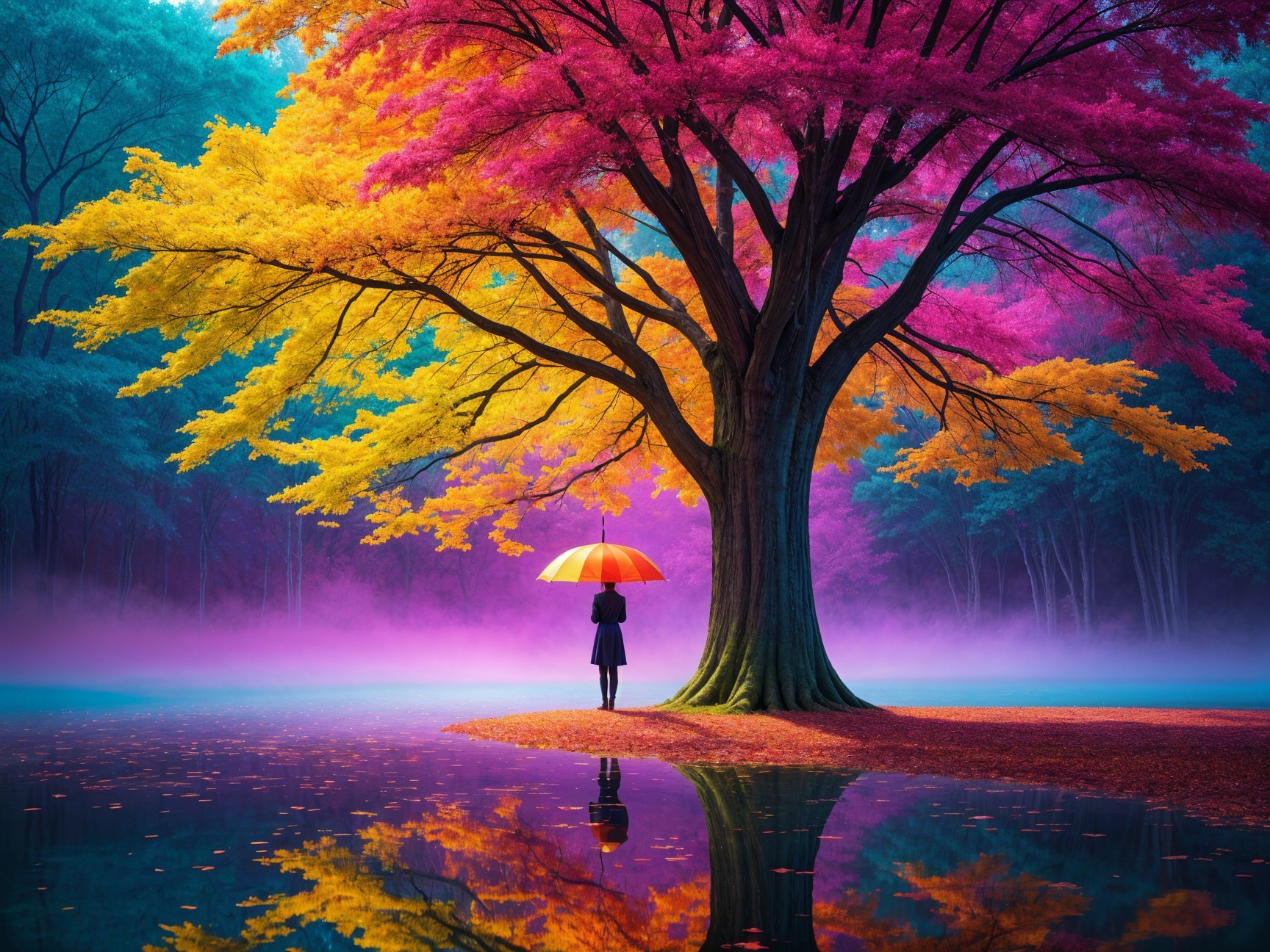 Tranquil Forest Scene with Colorful Autumn Foliage