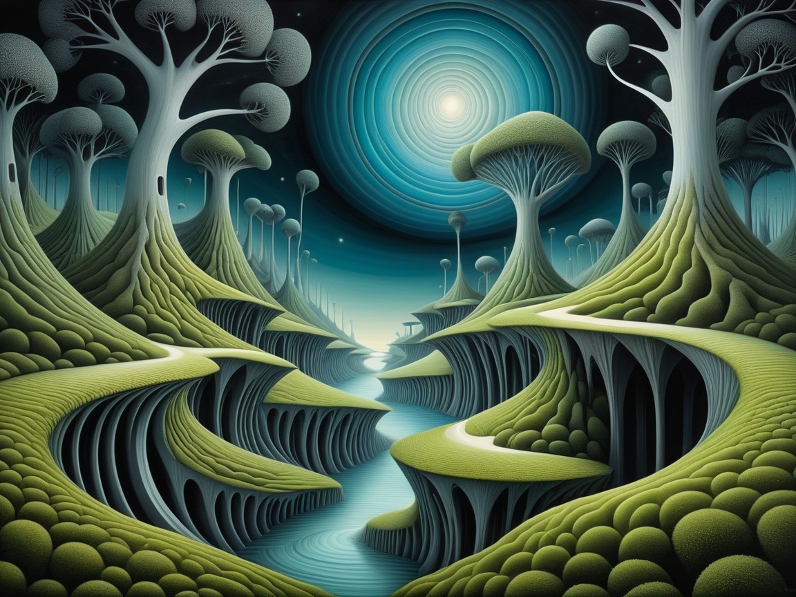 Surreal Landscape with Whimsical Trees and Moonlight
