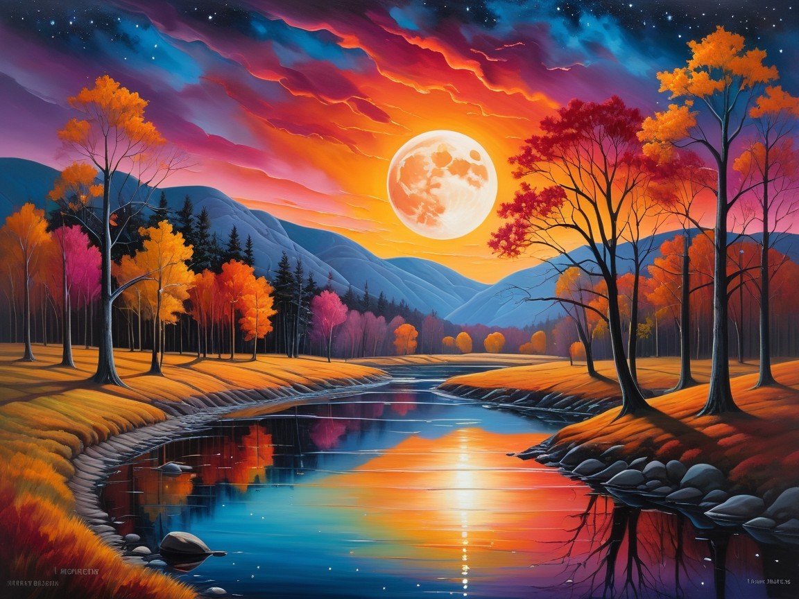 Vibrant Sunset Over Serene Landscape with Full Moon