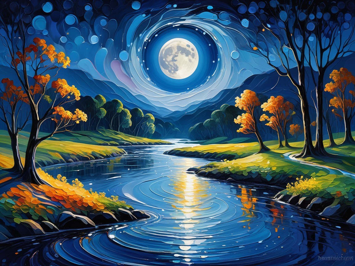 Serene landscape with winding river and full moon glow