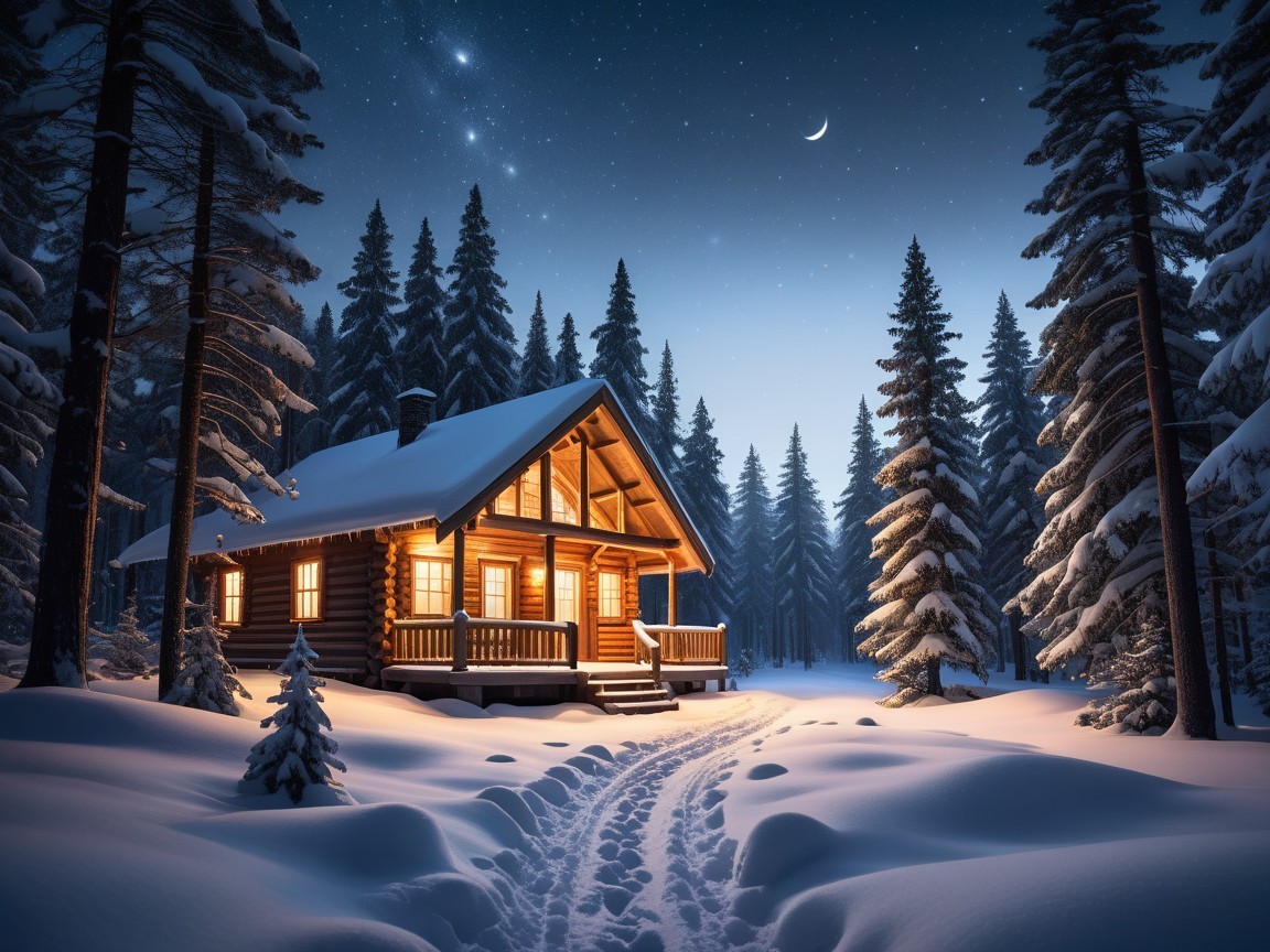 Cozy Log Cabin in Snowy Forest at Dusk