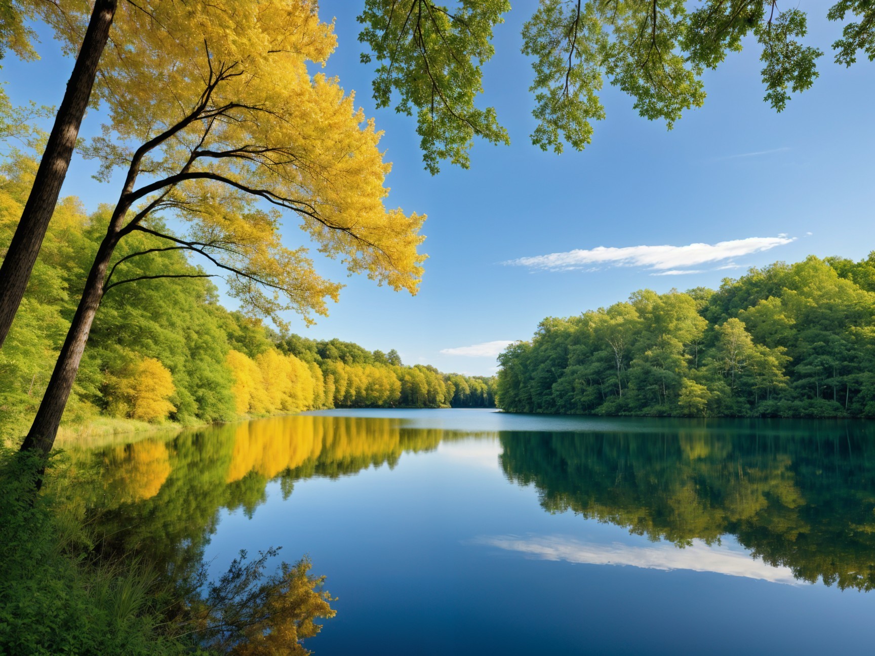 Serene Lake Landscape with Autumn Foliage and Sky