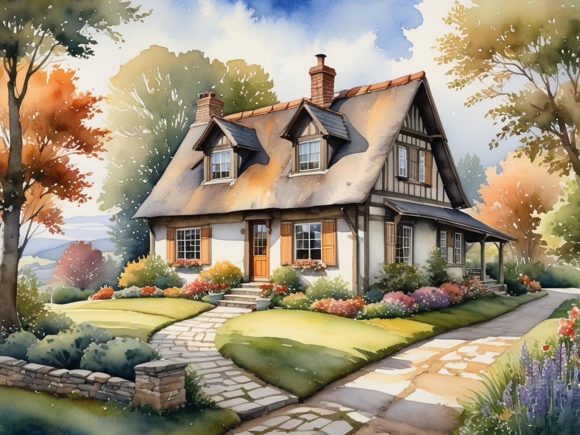 Two-Story Cottage Surrounded by Autumn Foliage