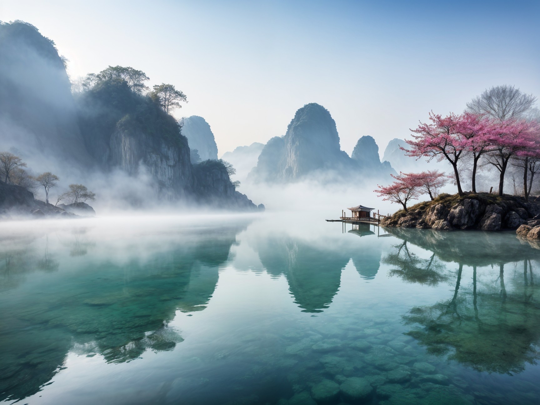 Tranquil Landscape with Mountains and Cherry Blossoms