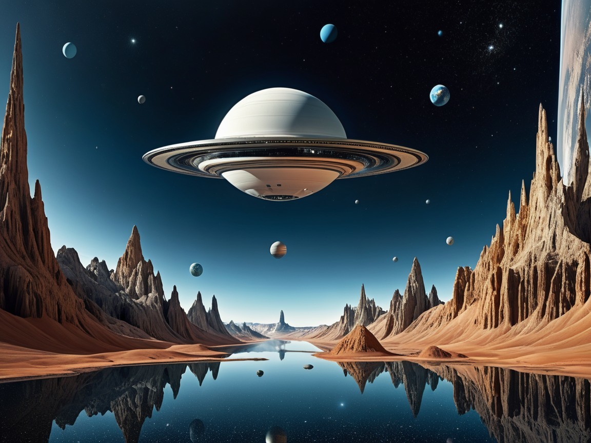 Surreal Alien Landscape with Saturn and Reflective Lake