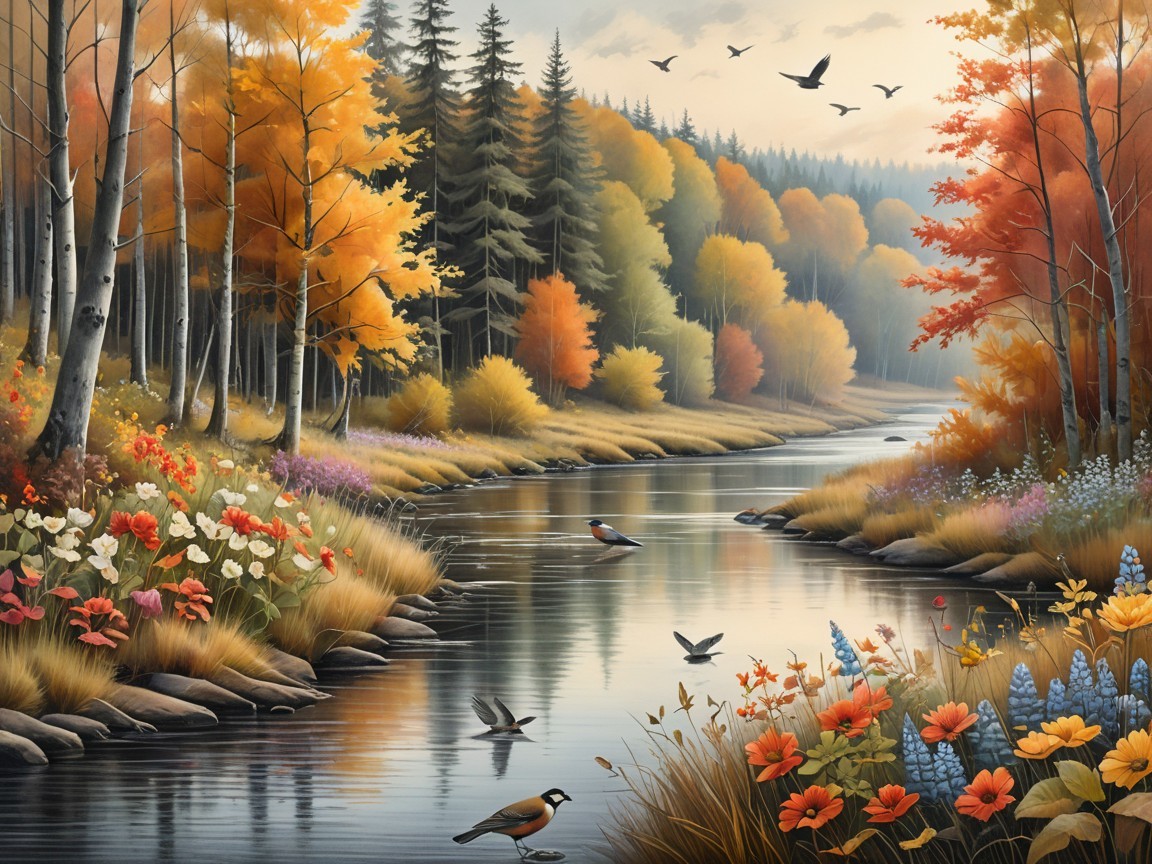 Autumn Landscape with River and Vibrant Foliage