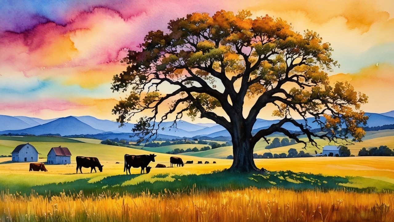 Vibrant Tree and Cows in Serene Countryside Sunset
