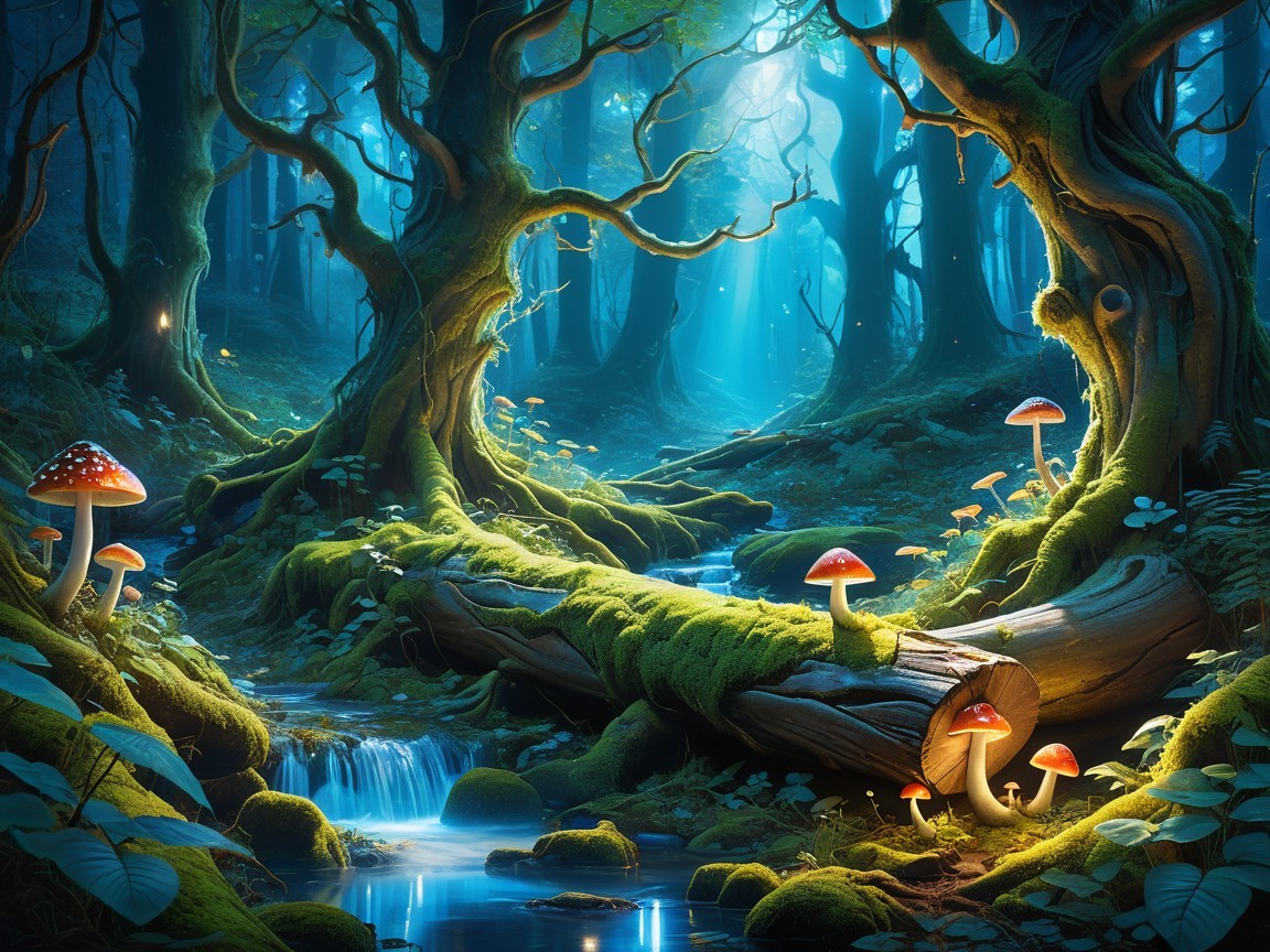 Mystical Forest with Ancient Trees and Stream