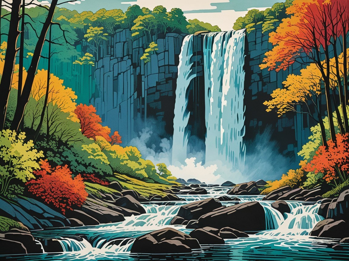 Vibrant waterfall amidst autumn foliage and serene river
