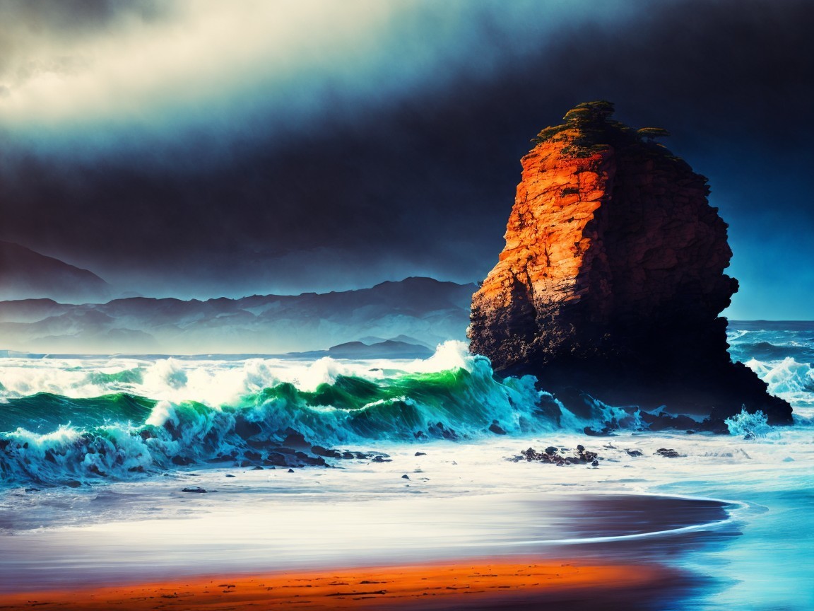 Dramatic Coastline with Rocky Outcrop and Turbulent Sea