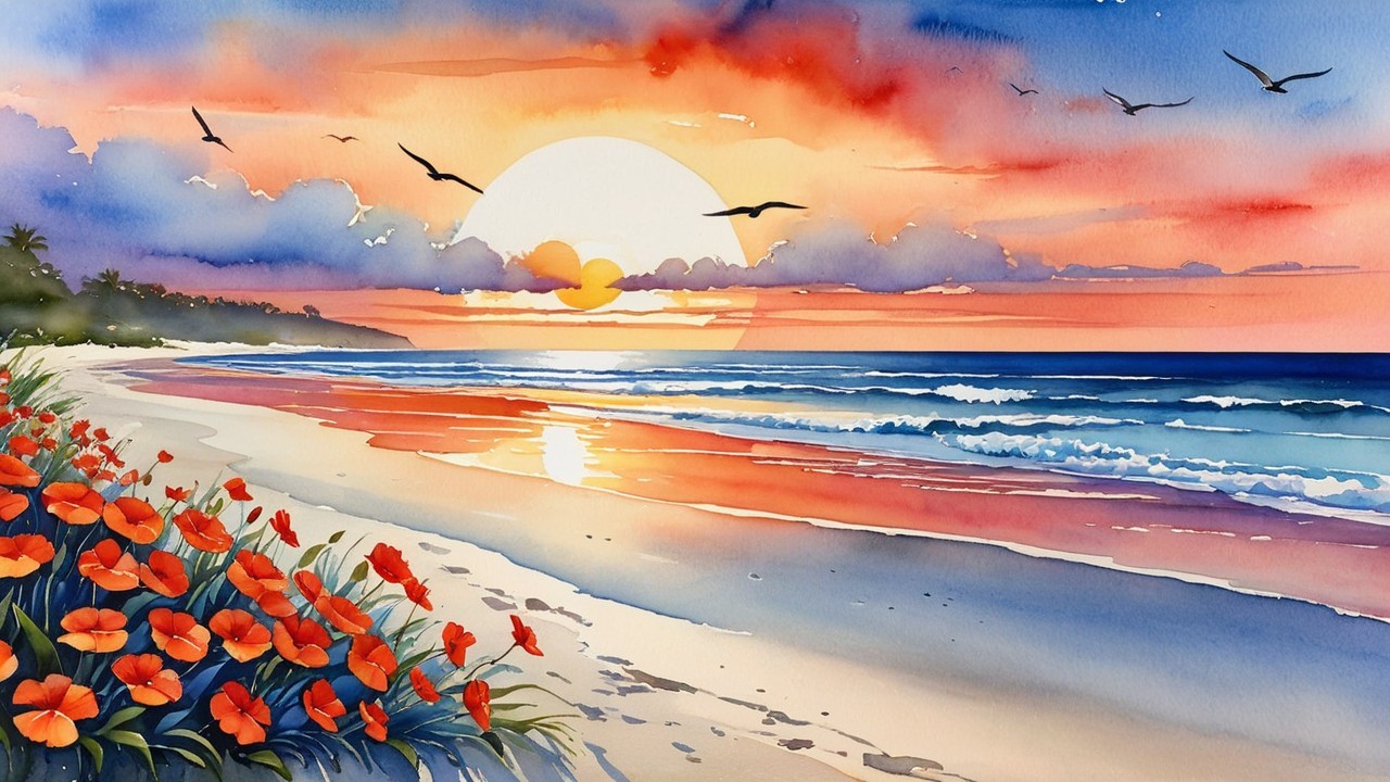 Serene Beach Sunset with Vibrant Colors and Flowers