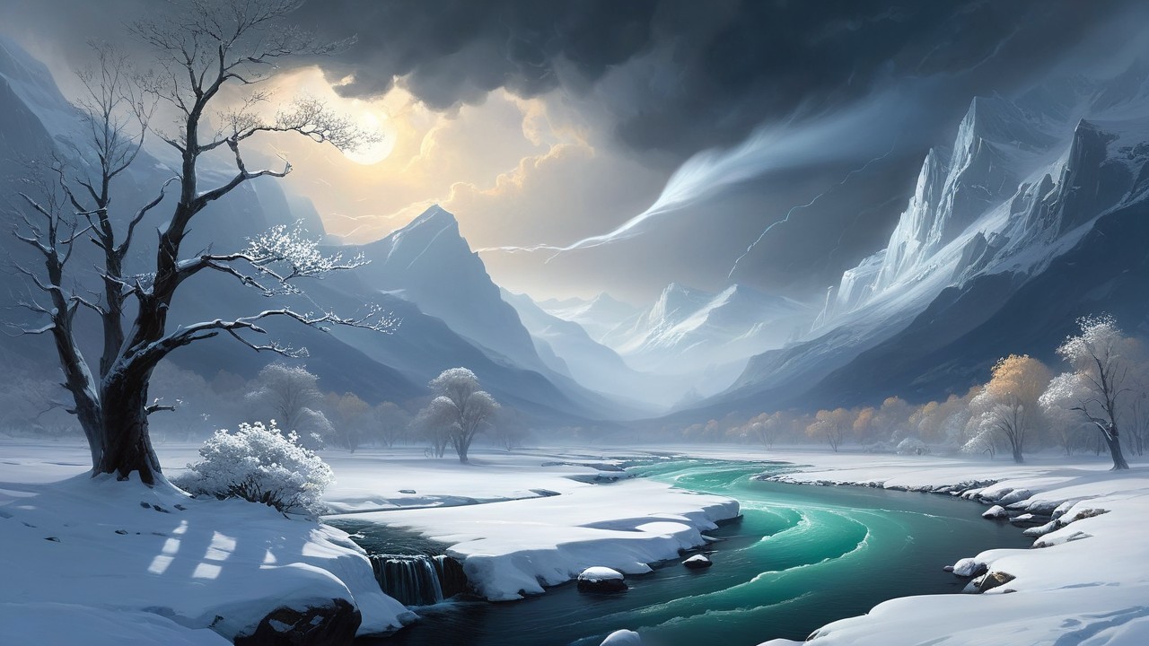 Serene Winter Landscape with Snowy Mountains and River