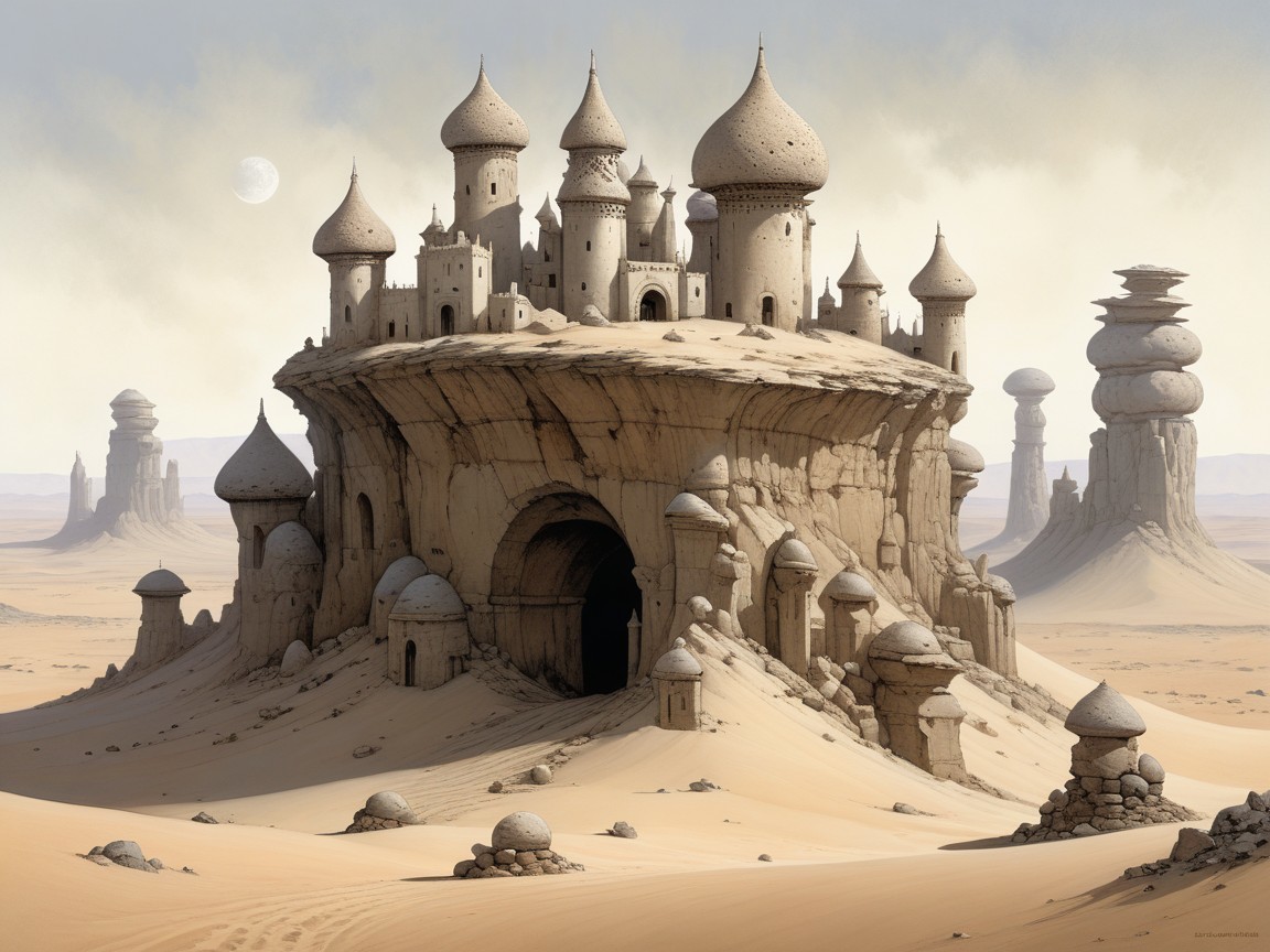 Majestic castle in a surreal sandy landscape