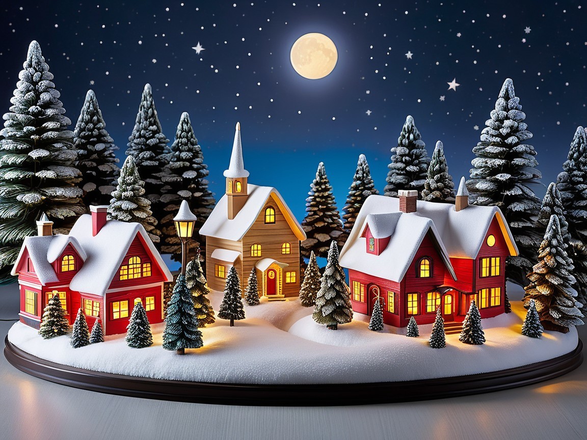 Miniature Snow-Covered Christmas Village Diorama at Night