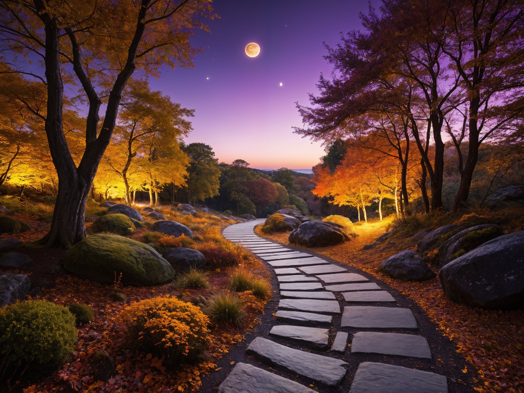 Serene Autumn Landscape with Winding Stone Path