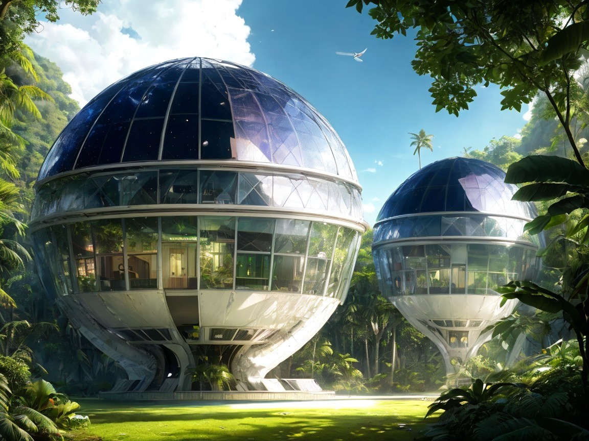 Futuristic Glass Dome Buildings in Tropical Jungle Setting