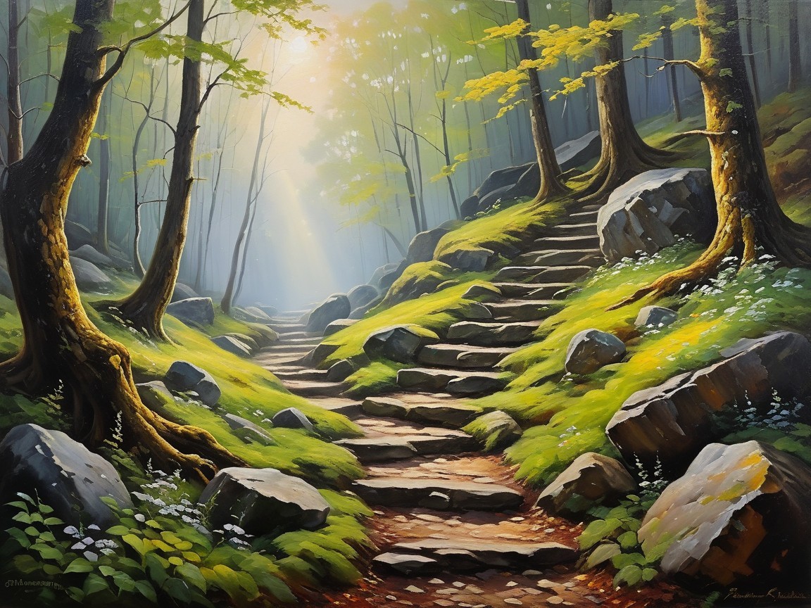 Serene Forest Path with Sunlight and Wildflowers