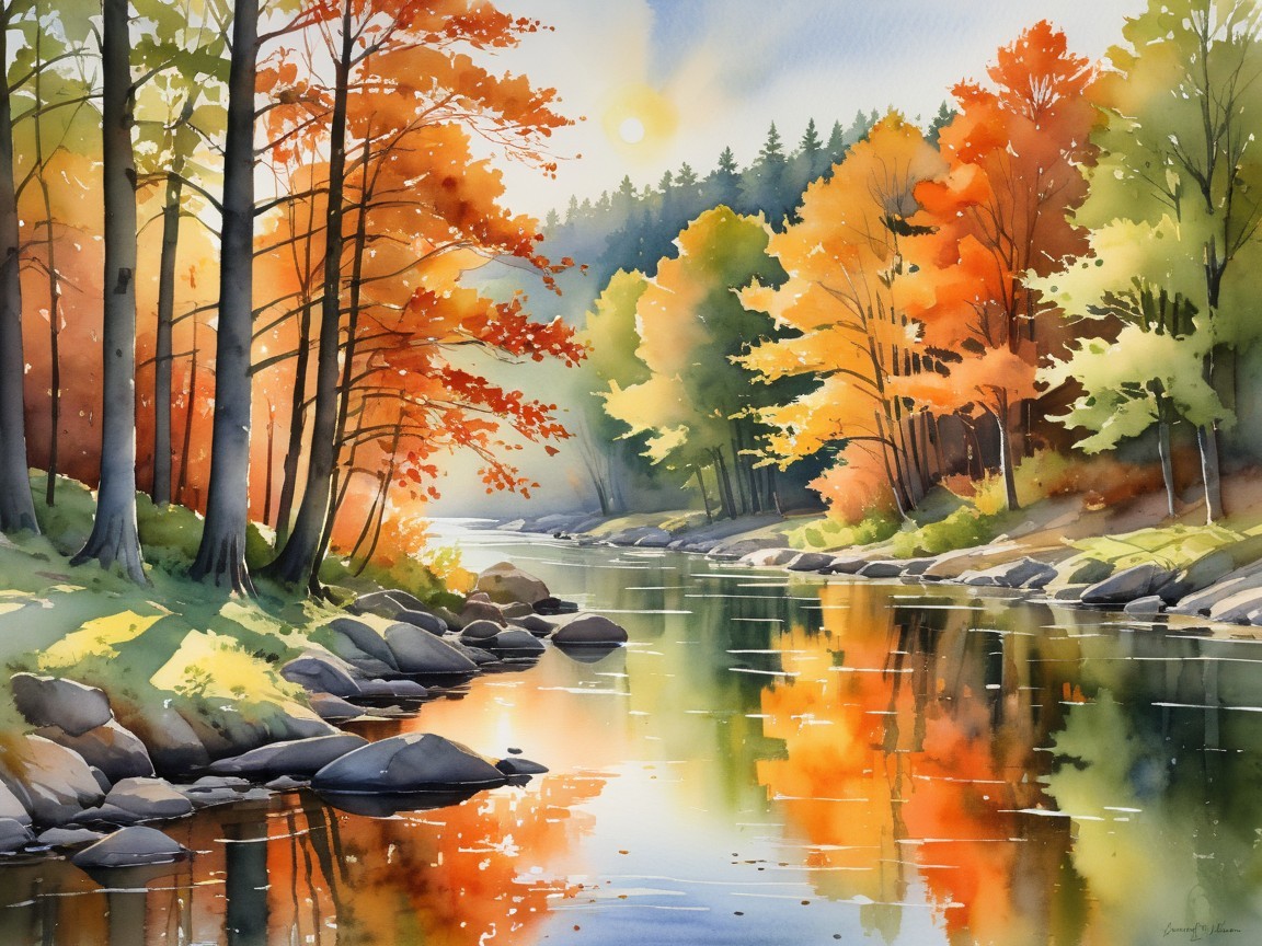 Vibrant Watercolor of a Serene Riverside in Autumn