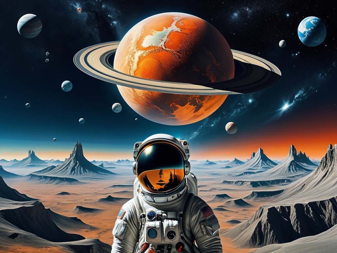 Astronaut on Rocky Landscape with Martian Sky and Saturn