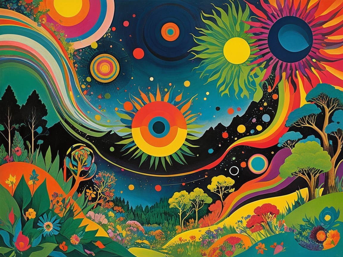 Psychedelic Landscape with Colorful Celestial Bodies