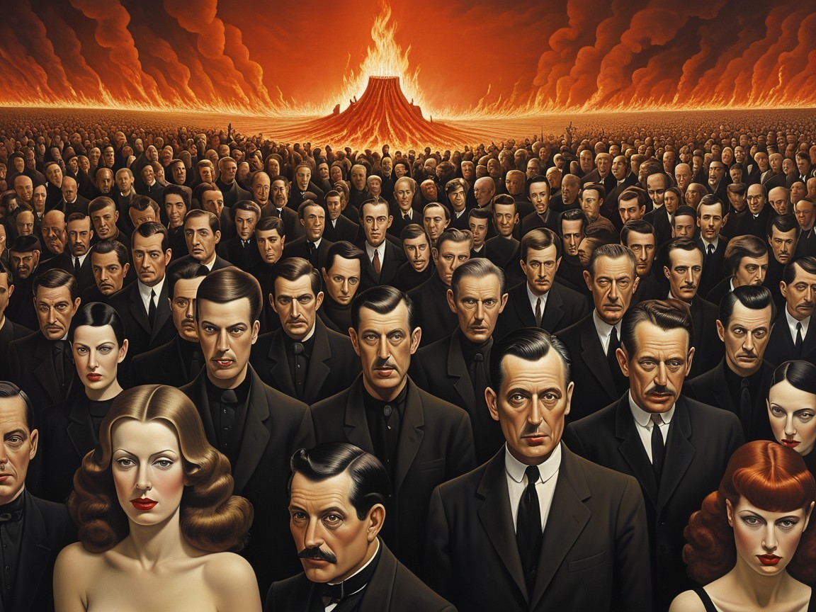Crowd in Uniformity Against Volcanic Apocalyptic Scene