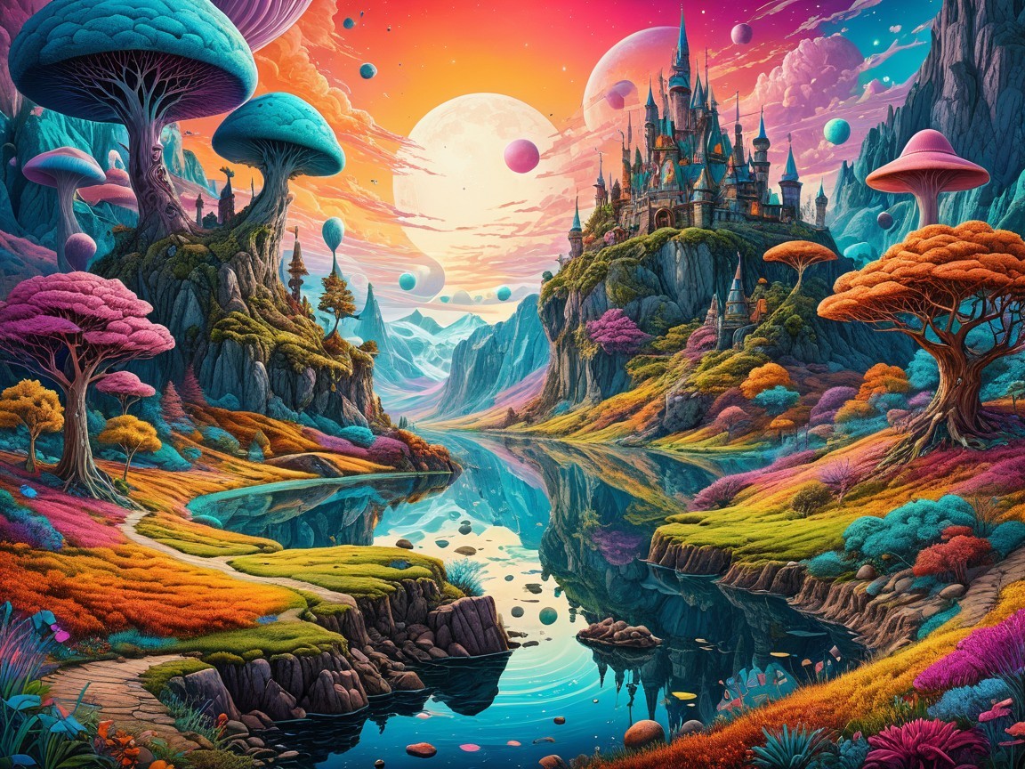 Vibrant Fantasy Landscape with Colorful Sunset and Castle